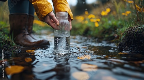 person collecting water sample from stream near an agricultural field