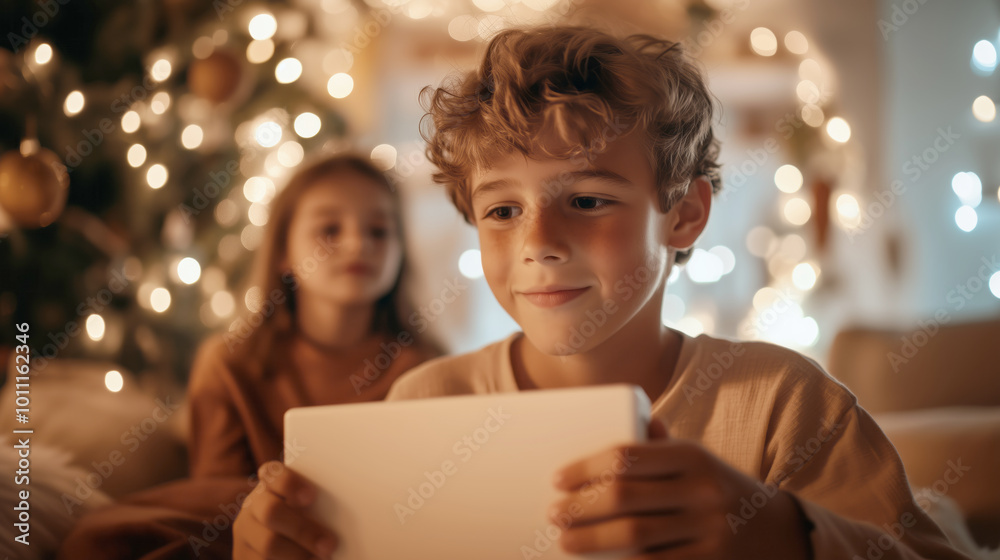 Children enjoying a cozy evening with a tablet by the Christmas tree Children enjoying a cozy evening with a tablet by the Christmas tree