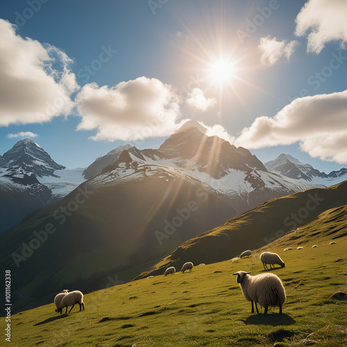 Mountains sheeps landscape sunshine over the mountains greenery 