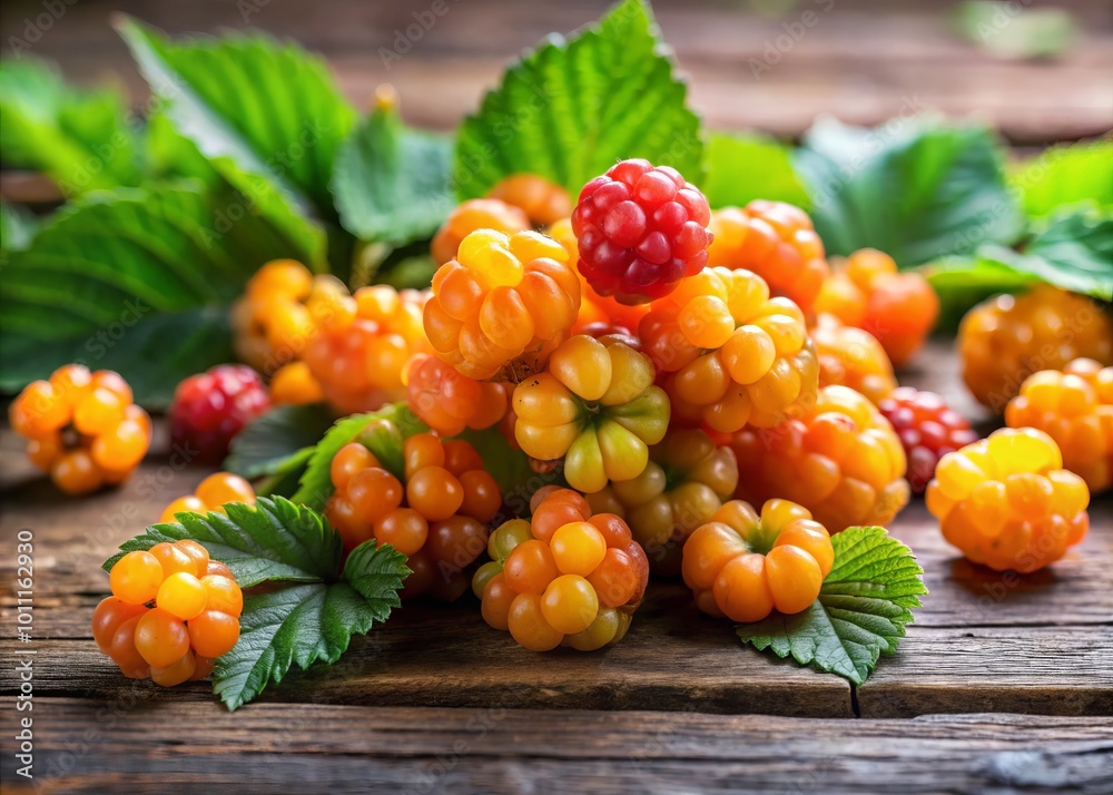 Fresh Ripe Cloudberries on a Wooden Table - Closeup Shot of Juicy Yellow Berries with Natural Rustic Background Fresh Ripe Cloudberries on a Wooden Table - Closeup Shot of Juicy Yellow Berries with Natural Rustic Background