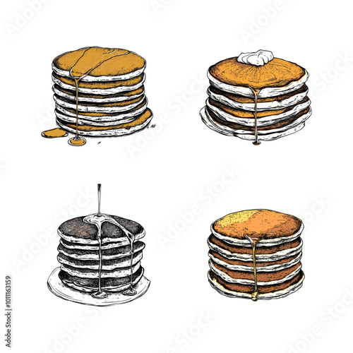 Set of pancake stacks with syrup