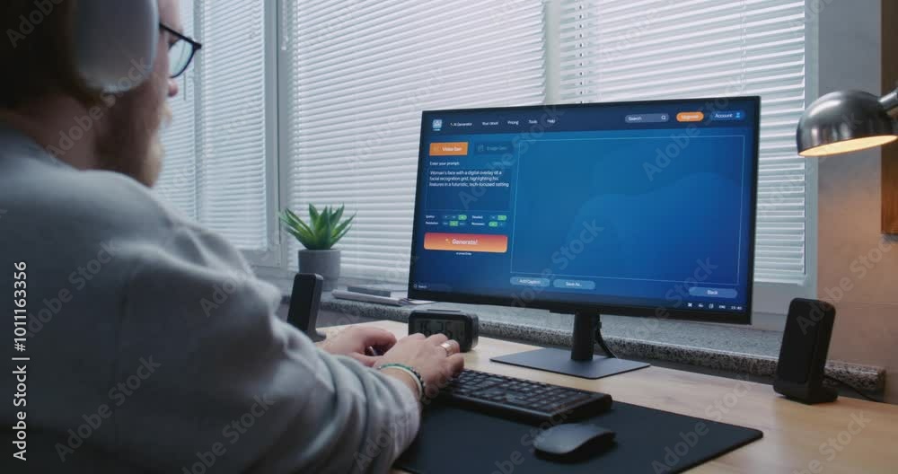 Adult man in headphones enters prompt in AI video generator on PC. Artificial intelligence chatbot generate high quality video of womans face with facial recognition digital overlay. Generative art.