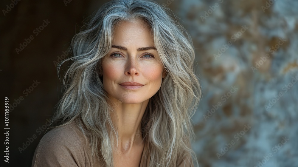 portrait of beautiful mature woman with gray hair ,soft smile portrait of beautiful mature woman with gray hair ,soft smile