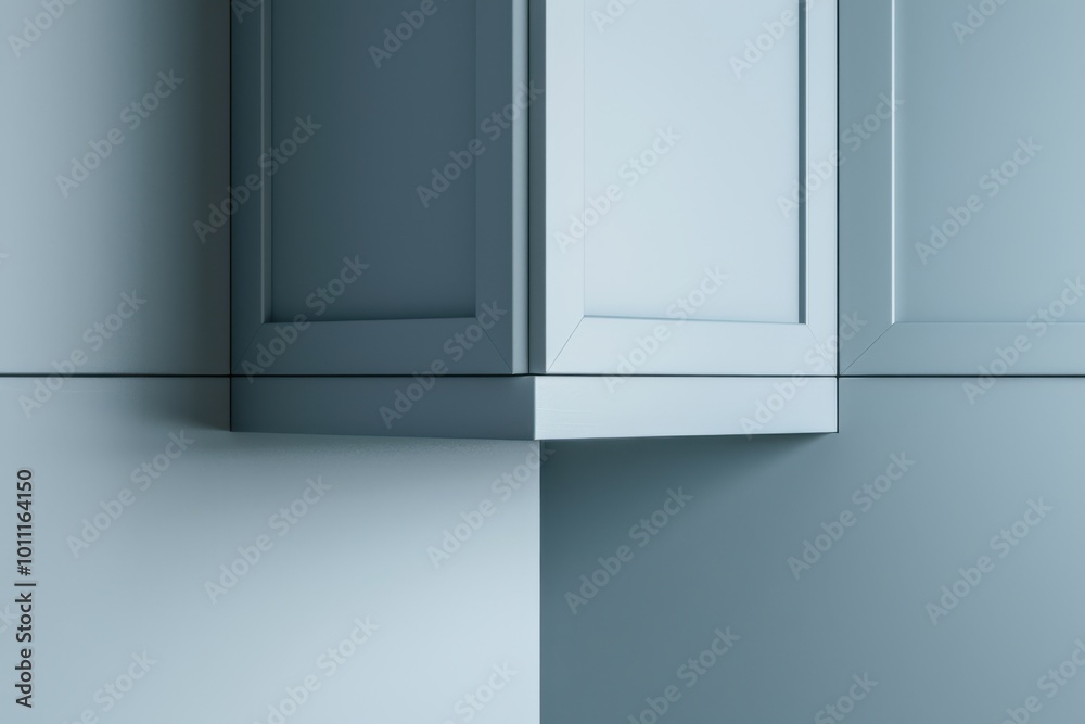 Modern kitchen corner cabinet with sleek design and subtle blue tones captured in ambient lighting