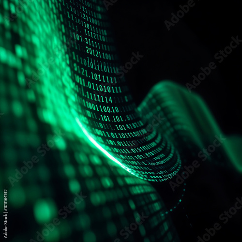 Digital Binary Code Wave in Blue and Green Tones photo