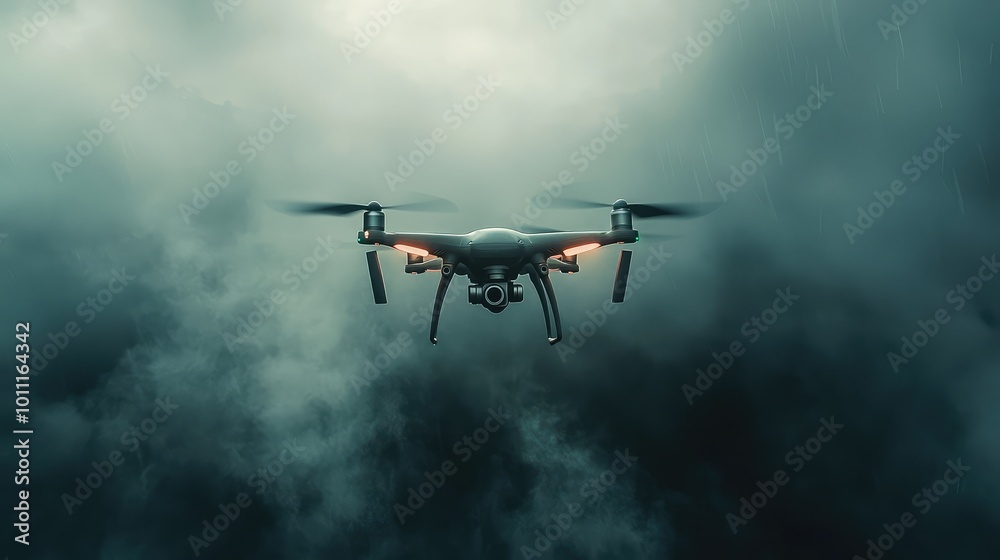 Fototapeta premium A stunning drone hovering in dramatic clouds, showcasing advanced technology and aerial capabilities against a moody backdrop.