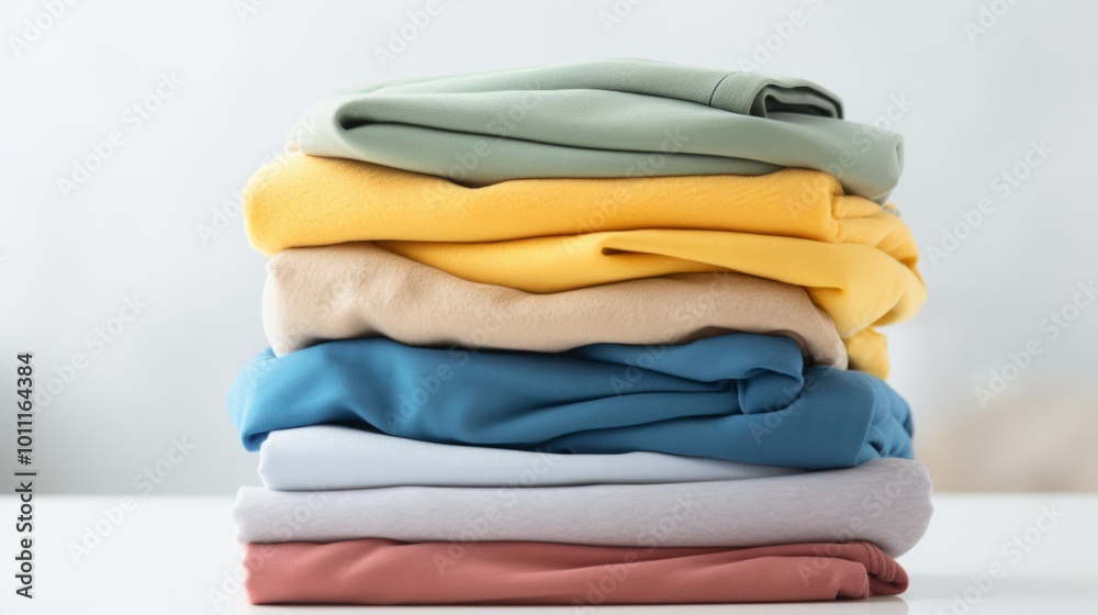 Stack of perfectly folded clothing items. Pile of different cold color shirts, sweaters and pants on the table. Neural network ai generated art Stack of perfectly folded clothing items. Pile of different cold color shirts, sweaters and pants on the table. Neural network ai generated art
