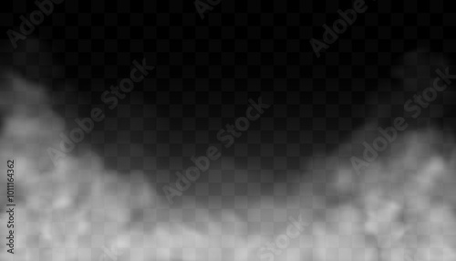 Realistic effect of smoke, fog, clouds, steam on isolated transparent background. Vector illustration of smoky mist or toxic vapor.