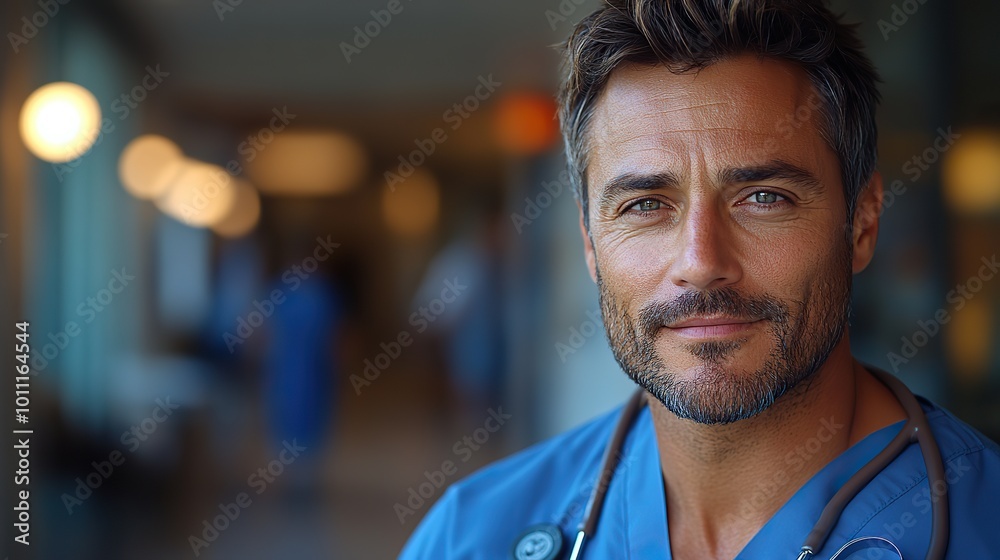 Fototapeta premium portrait of confident er doctor standing in hospital emergency room handsome doctor in scrubs standing in modern private clinic looking at camera