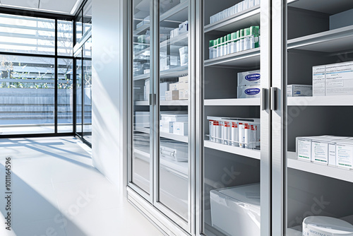 a temperature-controlled medical cabinet with glass doors, organized shelves of supplie photo