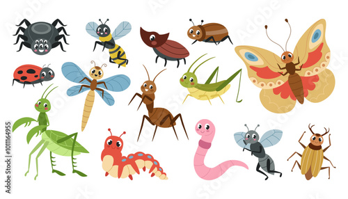 Insect, cute animal. Bug, colorful beetle and ant, butterfly, flying bee, and spider, caterpillar, dragonfly. Kid funny illustration. Character cartoon flat garden isolated colorful vector tidy set