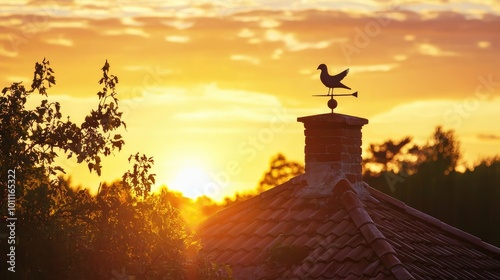 A stunning sunset view with a weather vane perched on a chimney, creating a tranquil and picturesque scene.