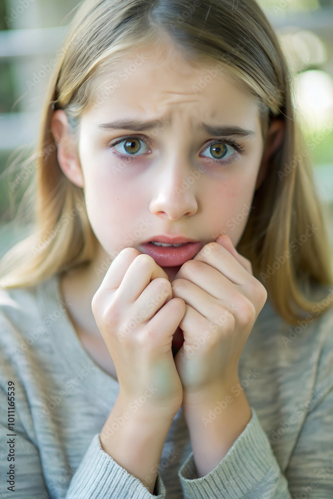 A teenage girl, around 17, with her hands nervously fidgeting and her lower lip caught between her teeth A teenage girl, around 17, with her hands nervously fidgeting and her lower lip caught between her teeth