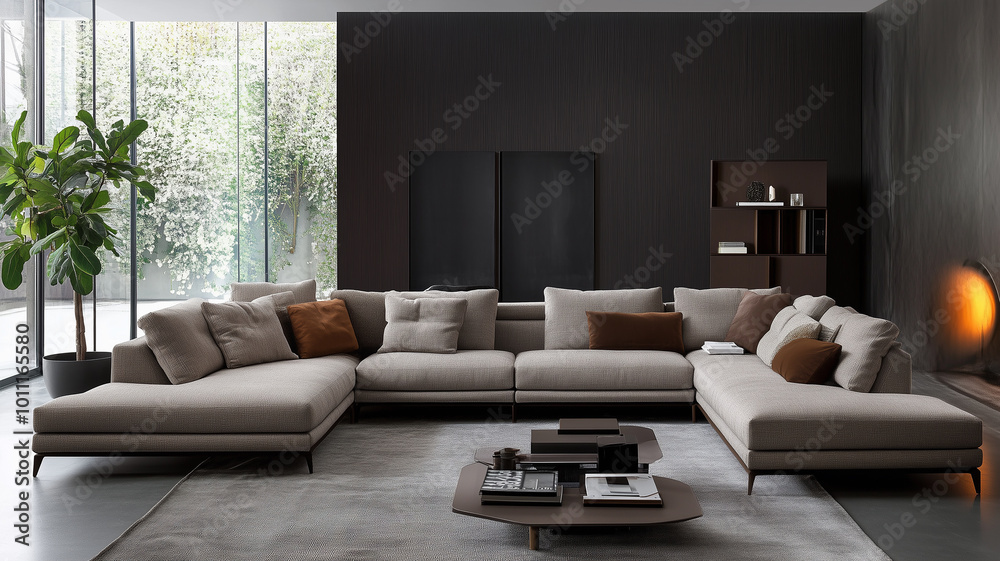 Modern Living Room with Large Sectional Sofa and Dark Accent Wall Modern Living Room with Large Sectional Sofa and Dark Accent Wall