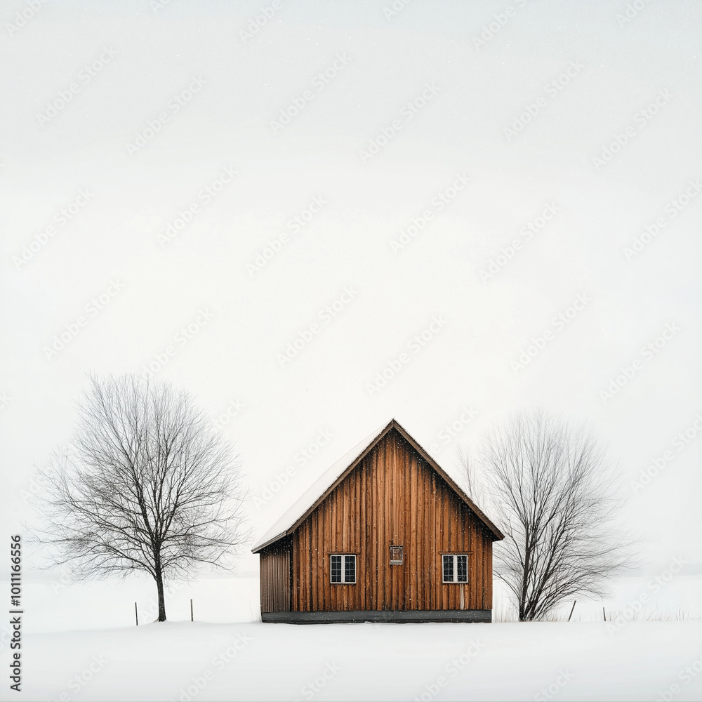 Wooden cabin in snowy field during winter snowfall. Wooden cabin in snowy field during winter snowfall.