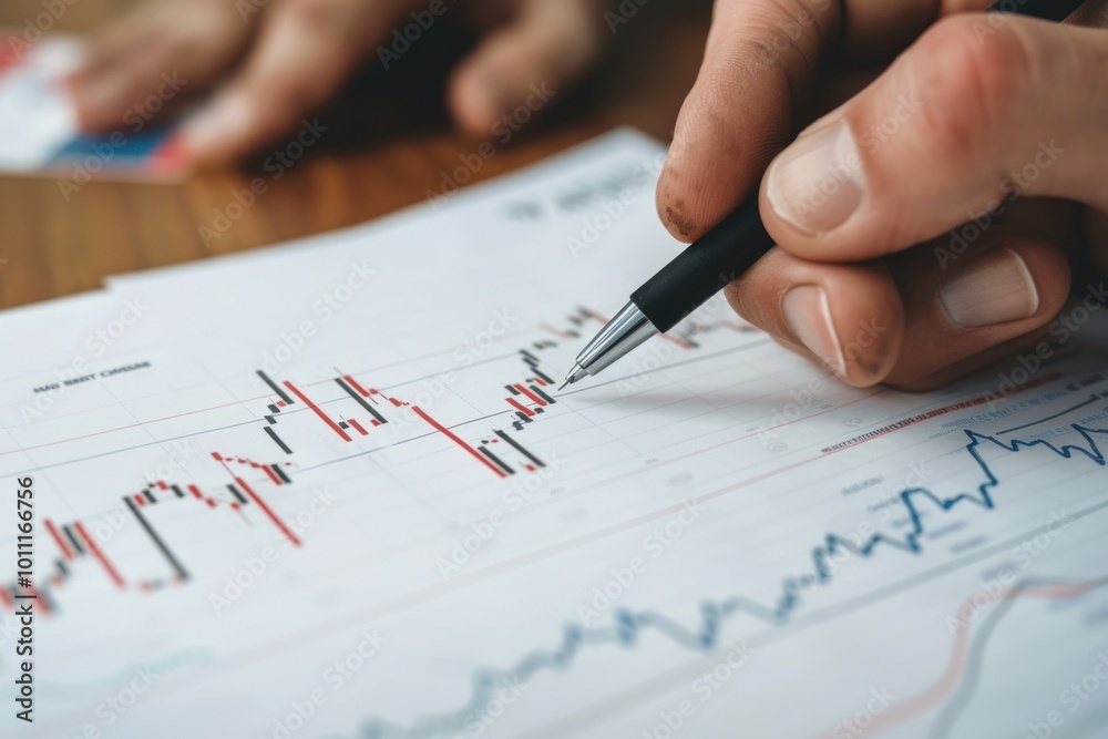 Hand writing on a financial chart with pen. Stock market and investment analysis concept. Hand writing on a financial chart with pen. Stock market and investment analysis concept.