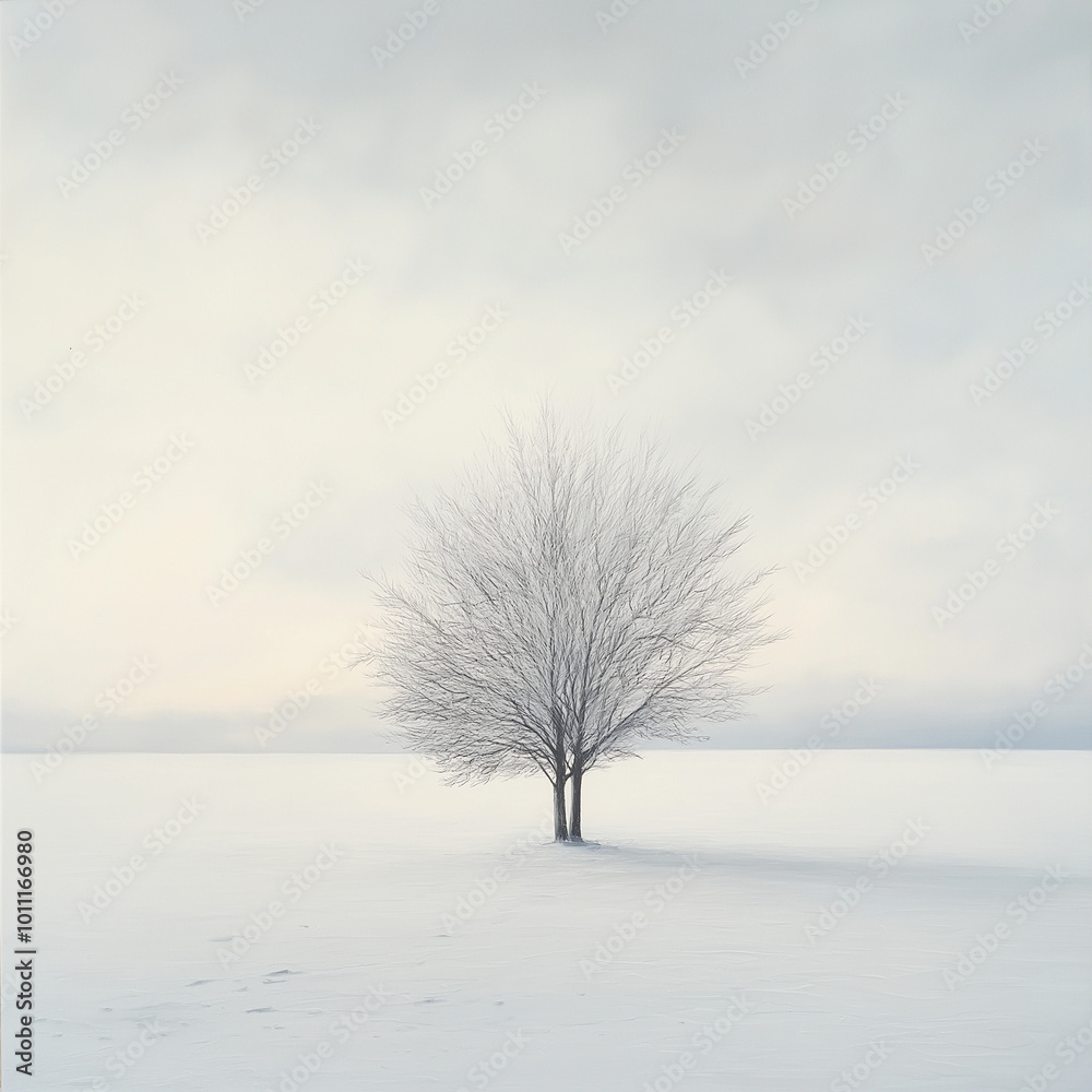 Lone frosted tree standing in snow-covered landscape Lone frosted tree standing in snow-covered landscape