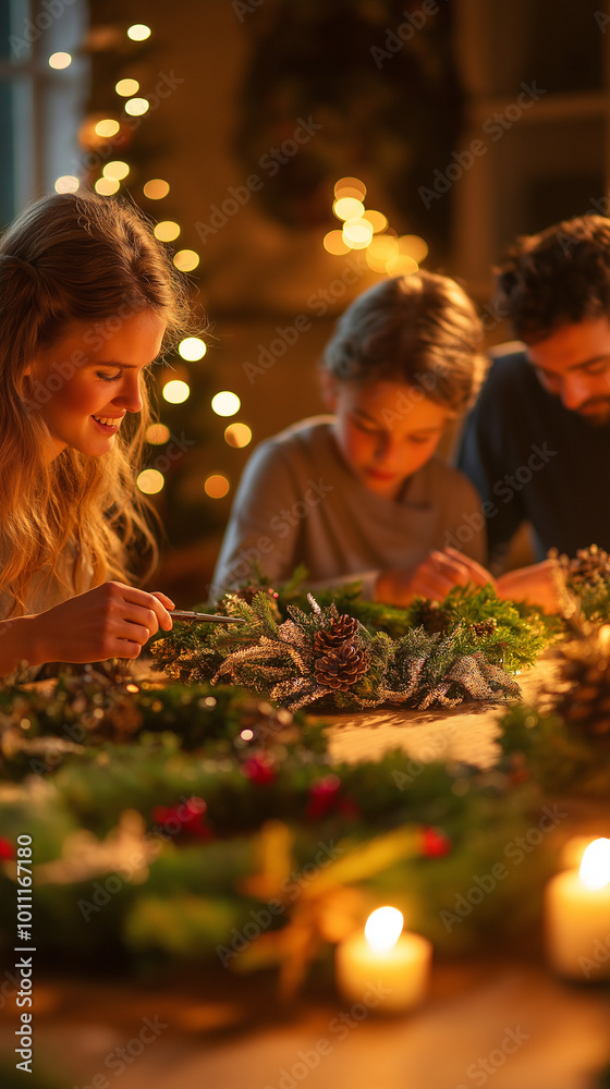 Women making Christmas wreaths together Women making Christmas wreaths together