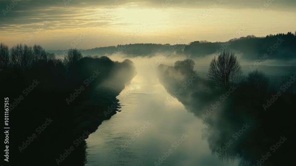 A tranquil river flows through a misty landscape at dawn, creating a serene atmosphere with soft light and natural beauty. A tranquil river flows through a misty landscape at dawn, creating a serene atmosphere with soft light and natural beauty.