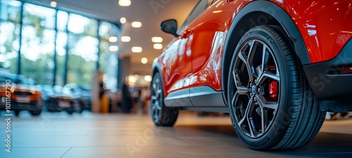 Side View, Red SUV, Car Dealership Showroom, Focus on Tire, New Car, Automotive Industry