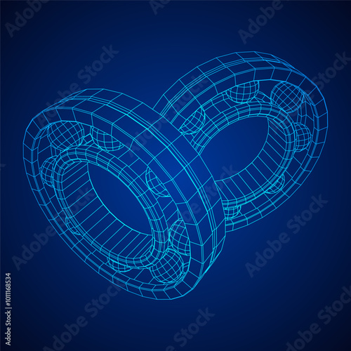 Roller bearing. Circular round rotating bearings used in industry for heavy equipment mechanical work and engineering. Wireframe low poly mesh vector illustration.
