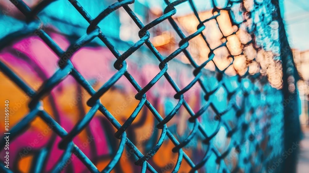 A vibrant close-up of a chain-link fence with colorful graffiti in the background, capturing urban art and texture. A vibrant close-up of a chain-link fence with colorful graffiti in the background, capturing urban art and texture.
