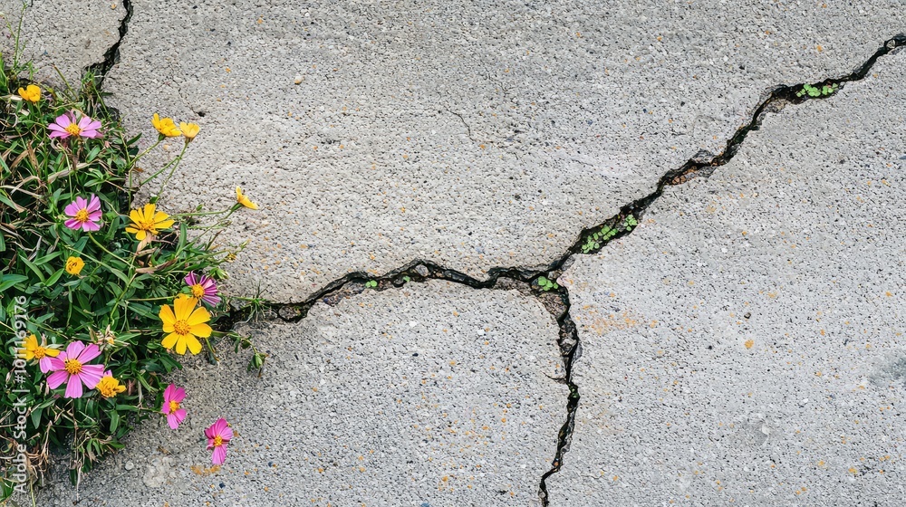 Obraz premium A vibrant cluster of flowers growing through cracks in concrete, symbolizing resilience and the beauty of nature overcoming obstacles.
