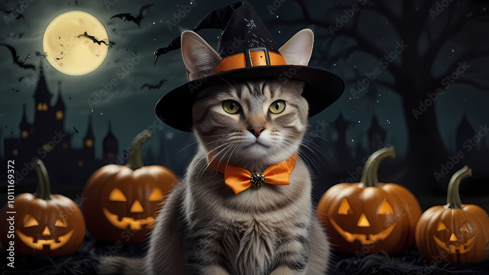 cat wearing witch hat with Halloween decoration around it cat wearing witch hat with Halloween decoration around it