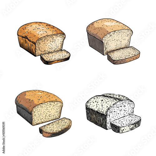 Set of sliced bread loaves