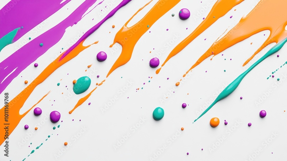 Fototapeta premium Colorful paint splashes and droplets on a white background, showcasing artistic creativity.