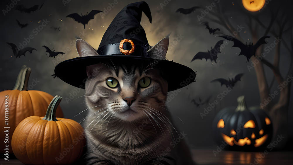 cat wearing witch hat with Halloween decoration around it cat wearing witch hat with Halloween decoration around it