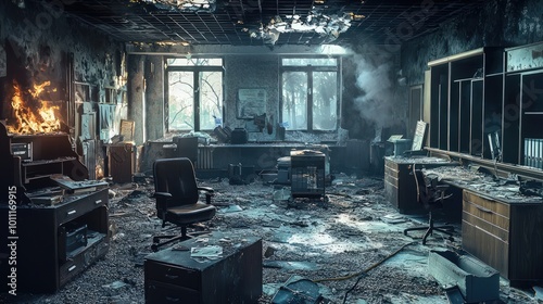 An office interior ravaged by fire, with burnt furniture and smoke still filling the space, capturing the severe damage and destruction caused. photo