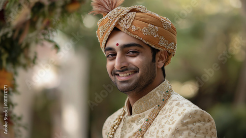 Portrait of a Groom Dressed in Traditional Sherwani, Capturing His Expression of Happiness and Pride During a Pakistani Wedding Ceremony photo