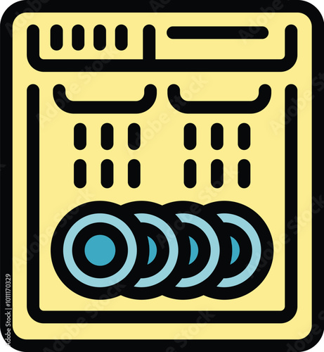 Dishwasher showing plates washing process inside view icon, outline style