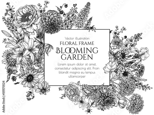 Vector frame with flowers. Sunflower, iris, peony, bush rose, lily, lupine, delphinium, dahlia, chrysanthemum, decorative poppy, cosmos, calendula, campanula