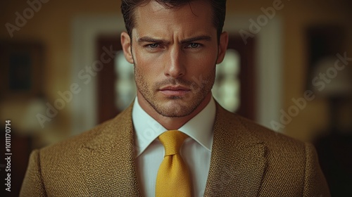 A well-dressed man in a formal setting focusing on grooming and confidence during a sophisticated gathering in the evening