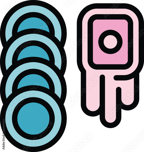 Colorful icon of dirty dishes and soap, representing dishwashing liquid and cleaning products