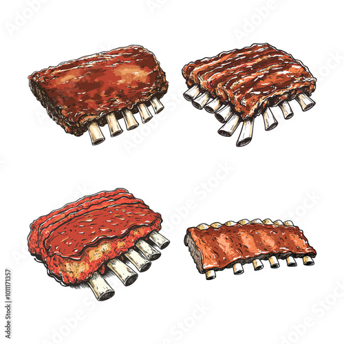 Set of barbecue ribs with sauce