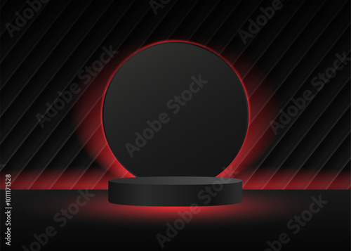 Black podium platform with red glow light Abstract 3D room background in minimal style. Abstract minimal scene for products stage showcase, Black Friday sale,promo.Realistic cylinder pedestal. Vector