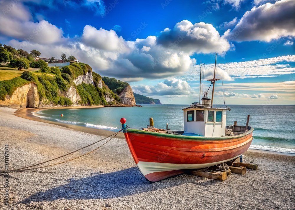 Scenic Fishing Boat on the Beach in Beer, Devon, UK - Idyllic Coastal Landscape and Tranquil Seaside Views Scenic Fishing Boat on the Beach in Beer, Devon, UK - Idyllic Coastal Landscape and Tranquil Seaside Views