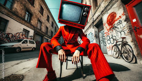 Man with television head and wearing red suit, street background 