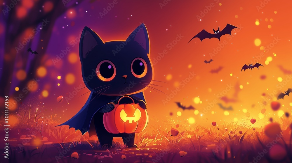 Cute Black Cat in Vampire Cape with Pumpkin Cute Black Cat in Vampire Cape with Pumpkin