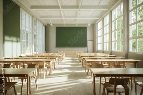 Bright and Spacious Classroom with Wooden Desks