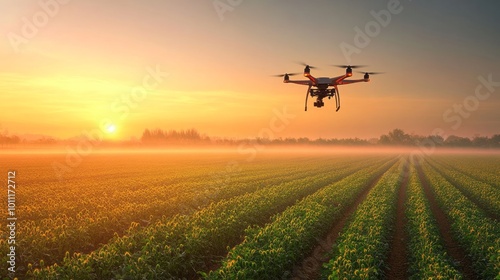 Drone Flying Over a Field at Sunrise