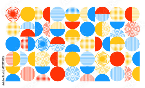 Geometric line pattern. Abstract graphic texture. Modern Zen figure. Circles composition. Simple round arcs. Gradient linear shapes. Rainbow Boho print. Bauhaus background. Vector simple garish design