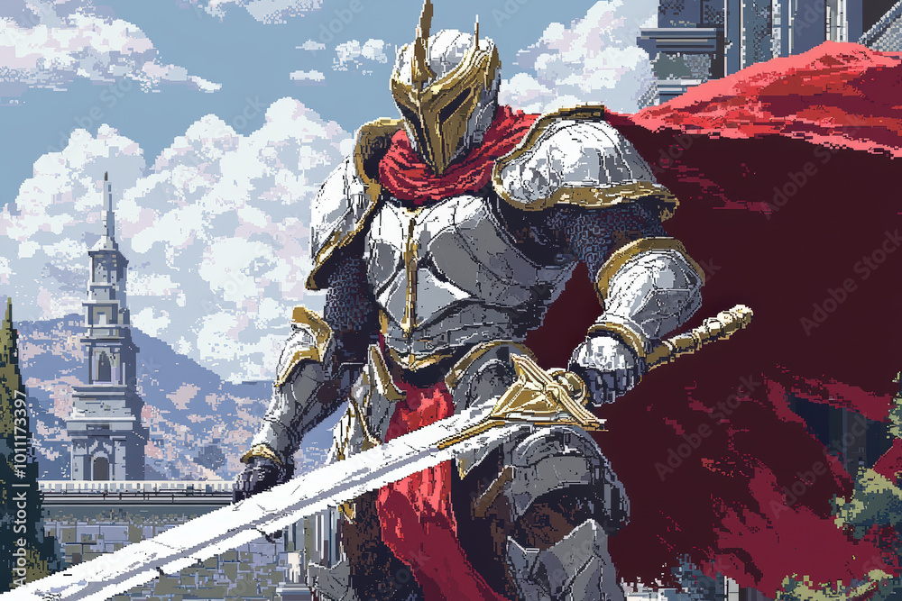 Naklejka premium pixelated hero stands confidently with golden sword and silver armor, draped in flowing red cape. majestic background features castle and mountains, evoking sense of adventure and valor