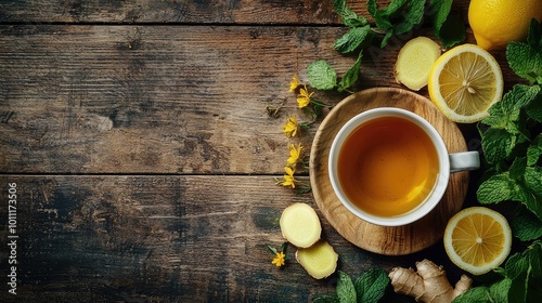 A warm cup of herbal tea surrounded by fresh lemon, ginger, and mint, set against a rustic wooden background.