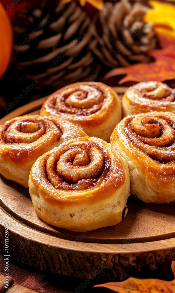 Fototapeta premium Cinnamon rolls with pinecones and autumn decorations