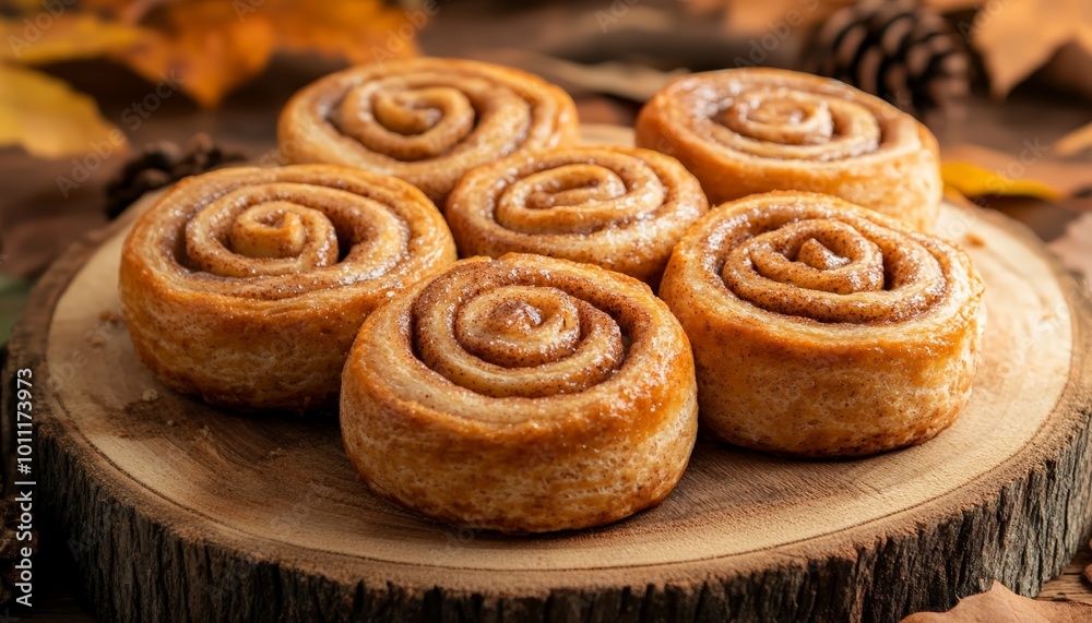 Cinnamon rolls on rustic wooden stand with autumn leaves Cinnamon rolls on rustic wooden stand with autumn leaves