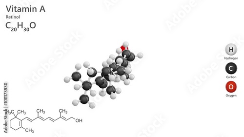 Molecule of Vitamin A. Retinol (C20H30O) is a fat-soluble vitamin essential for vision, immune function, and cell growth. White back. 3D render. Seamless loop